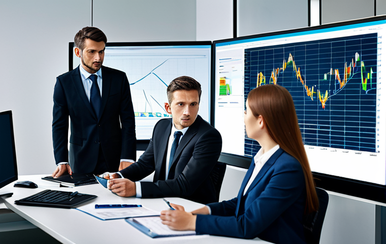 CFA 학습에서 케이스 스터디 활용 - A group of business professionals in a modern office, analyzing financial data on a screen, fully cl...