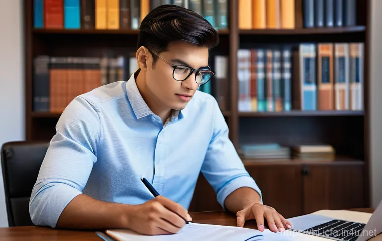 CFA 레벨별 합격률 분석 - **A highly focused young professional in their late 20s or early 30s, diligently studying for a fina...