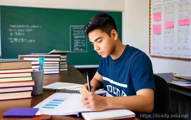 CFA 학습의 주요 오류 - **Prompt:** A young adult, around 20-25 years old, sits at a well-lit desk, surrounded by open textb...