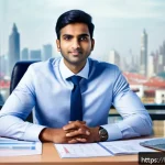 Home 20 CFA 시험 후 취업 시기 - A professional Indian male CFA graduate in formal business attire, sitting confidently at a desk wit...