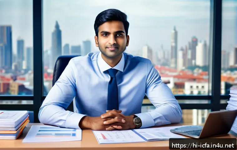 CFA 시험 후 취업 시기 - A professional Indian male CFA graduate in formal business attire, sitting confidently at a desk wit...