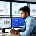 Home 19 CFA 이론과 실무의 차이 - A detailed scene of a young Indian professional in formal office attire working intently at a desk f...