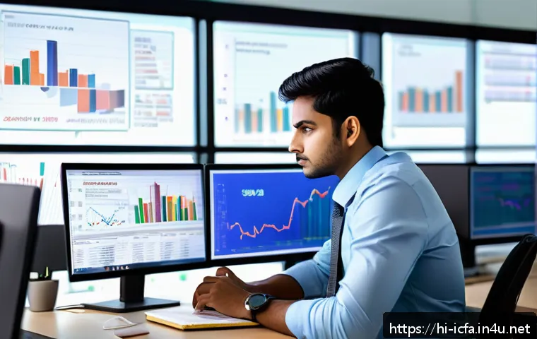 CFA 이론과 실무의 차이 - A detailed scene of a young Indian professional in formal office attire working intently at a desk f...