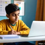 Home 18 CFA 학습과정의 도전 과제 - A focused young Indian student sitting at a study desk in a cozy room with natural daylight streamin...