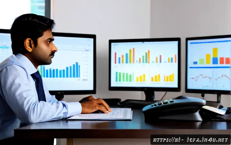 Home 17 CFA와 데이터 분석의 접점 - Photorealistic Indian financial analyst in a modern Mumbai office, studying a clean dual-monitor set...